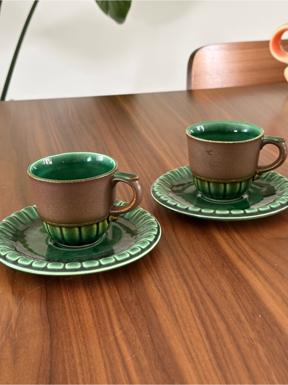Green and Brown Glazed Stoneware Cups with Saucers